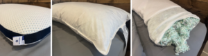 Three close-up photos of different pillows side by side showing variations in height and thickness, including a dimpled foam pillow, a tall traditional pillow, and a pillow with its cover unzipped to reveal shredded foam fill